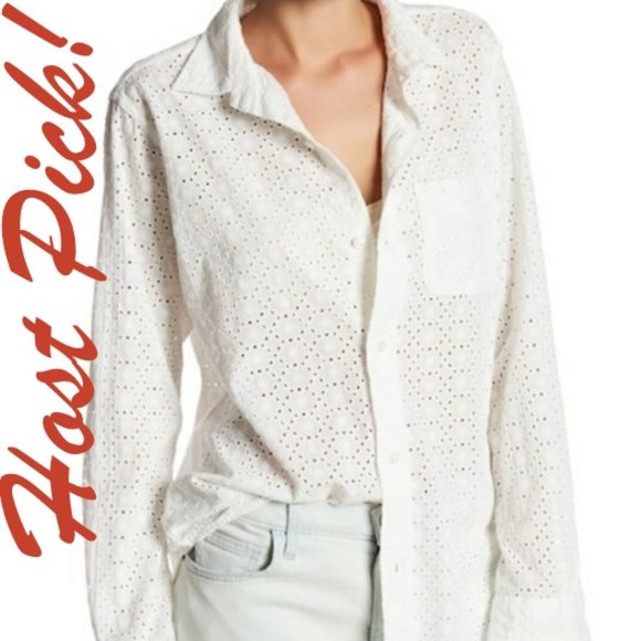 Current/Elliott NEW Button Down SHIRT Top Eyelet Cotton Perf Long Sleeve S/M🎉HP - Picture 1 of 16